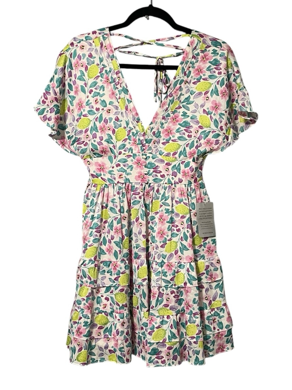 BTFL-Life Lemons Floral Tiered Flutter Sleeve Mini Dress Rush Garden Flirty XS